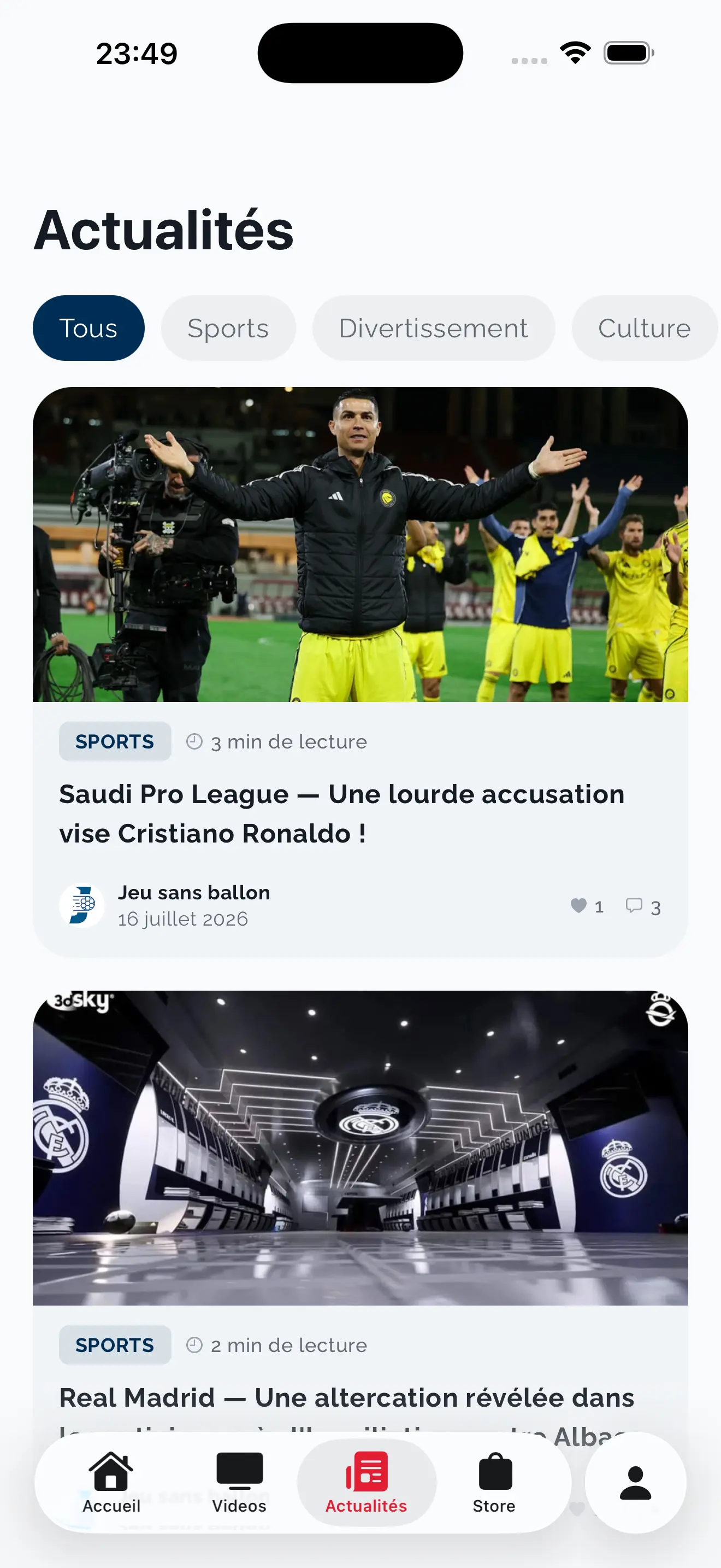 Écran des actualités de l'application Jeu sans Ballon