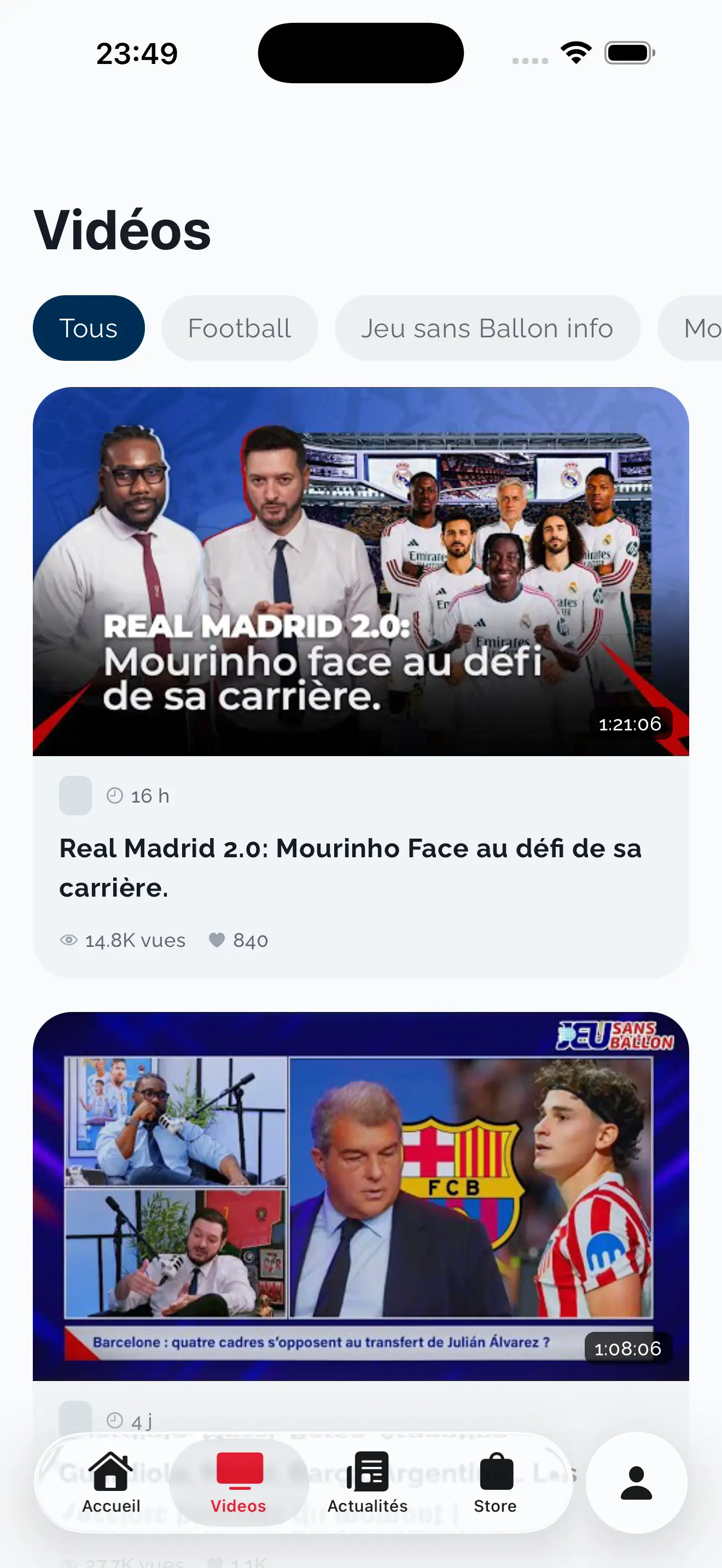 Écran des vidéos de l'application Jeu sans Ballon